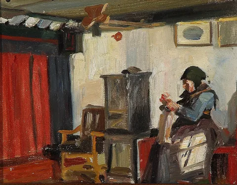 Georg Achen, Interior with a woman knitting by the stove.