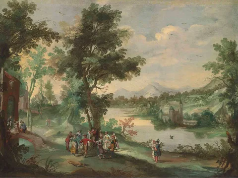 Lucas de Wael, Extensive wooded landscape, with villagers dancing and making music beside a river