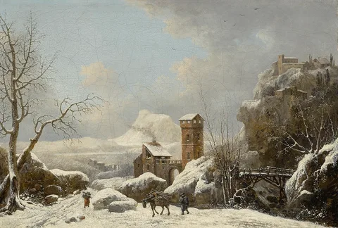 Jules-César-Denis van Loo, Snowy landscape with figures and a packhorse in the foreground