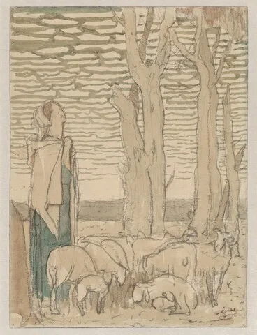 Frederick Cayley Robinson, Study for "Rachel Came with Her Father's Sheep" (recto);  The Death of Rachel (verso)