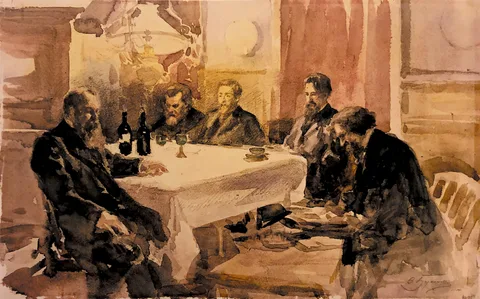 Teodor Buchholz, Ilya Repin and his friends at Yevgeny Cavos' apartment