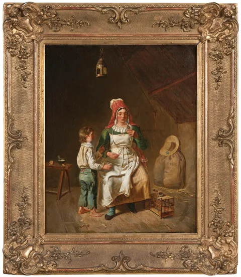 Anna-Geneviève Greuze, Mother and Son Feeding A Chick