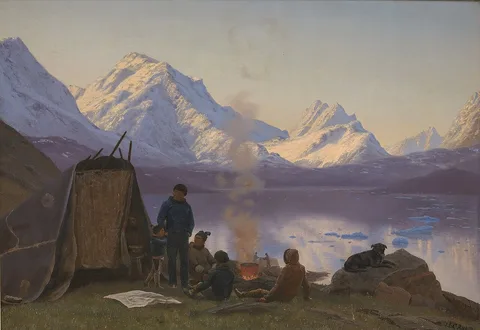 Carl Rasmussen, En grønlandsk boplads ved en fjord. Sommer