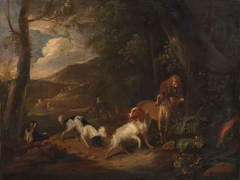 Adriaen Cornelisz Beeldemaker, Hunter with hounds at the edge of a wood