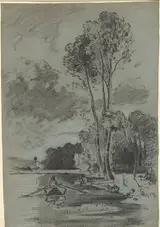Auguste Allongé, Landscape with Three Tall Trees