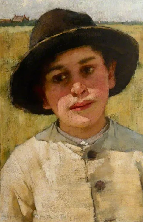 Henry Herbert La Thangue, Study of a Boy in a Black Hat, before a Cornfield