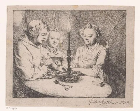 Georg David Matthieu, Damspelende dames bij kaarslicht