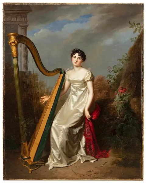 Firmin Massot, Portrait of a lady, wearing a white dress and seated beside a harp, a landscape beyond (marquise de Chamillard?)