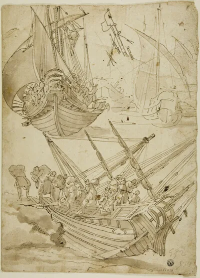 Lazzaro Tavarone, Crew Abandoning Ship (recto) Sketches of Corinthian Columns (verso)