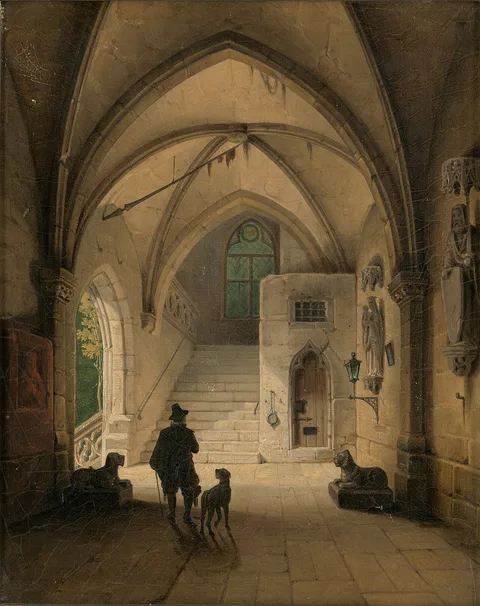 Eduard Gerhardt, View into a Gothic vestibule, in the foreground a nobleman with his dog