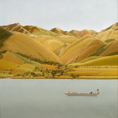 Winifred Knights, Edge of Abruzzi: Boat with Three People on a Lake