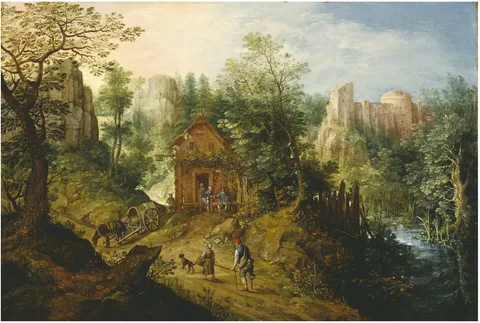 Pieter Stevens, Mountain Valley with Inn and Castle