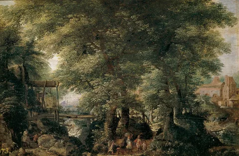 Pieter Stevens, Wooded landscape with a lake on the left and a stream on the right
