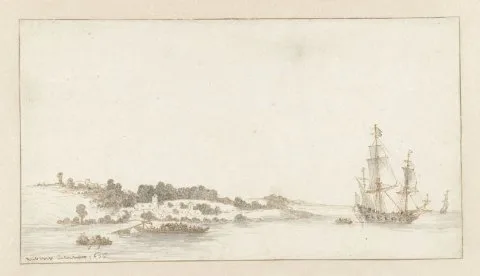 Abraham de Verwer, Schip en enkele sloepen bij een dorp aan de kust