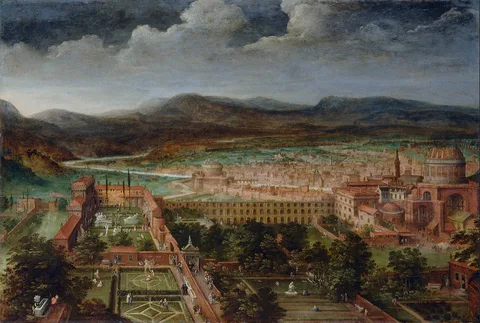 Hendrick van Cleve III, View of the Vatican gardens and St Peter's basilica