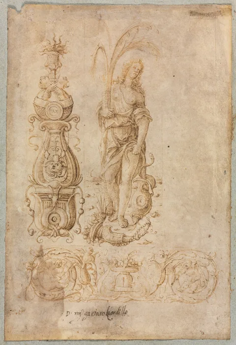 Bernardo Parentino, Design for a Candelabrum, Allegorical Figure of Abundance, Ornamental Relief Design