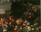 Joannes Hermans, Flowers before a landscape, two guinea pigs and a lizard