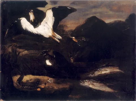 Joannes Hermans, Landscape with Ducks, Partridges, Carps and a Snake