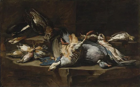 Joannes Hermans, Still life of game birds resting on a rock ledge