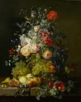 Amalie Kaercher, Still life of fruit and flowers on a ledge