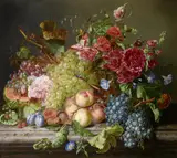 Amalie Kaercher, Still life with fruit and flowers on a ledge