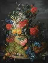 Amalie Kaercher, A Flower Still Life with Grapes