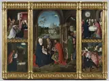 Master of Hoogstraeten, Altarpiece showing scenes from the Infancy of Christ: The Adoration of the Magi [center]; The Annunciation; The Presentation of Christ in the Temple; The Flight into Egypt; The Nativity [clockwise from upper left]