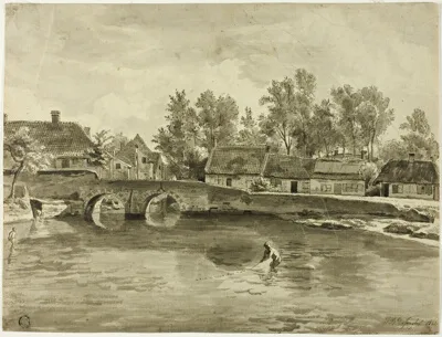Jan Baptiste de Jonghe, Man Fishing in River Near Village