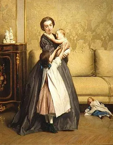 Gustave Léonard de Jonghe, Young mother and her children in a living room