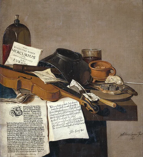 Anthonie Leemans, Still life with a copy of De Waere Mercurius, a broadsheet with the news of Tromp's victory over three English ships on 28 June 1639, and a poem telling the story of Apelles and the cobbler