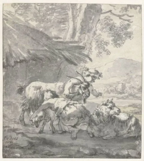 Simon van der Does, Landscape with Two Children Playing with a Goat, a Lamb and a Sheep
