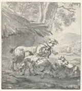 Simon van der Does, Landscape with Two Children Playing with a Goat, a Lamb and a Sheep