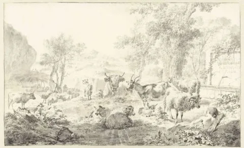 Simon van der Does, Reclining Shepherdess with a Flock of Sheep and Goats