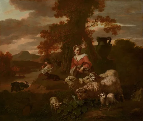 Simon van der Does, Shepherdess and Shepherd with Sheep and Goats