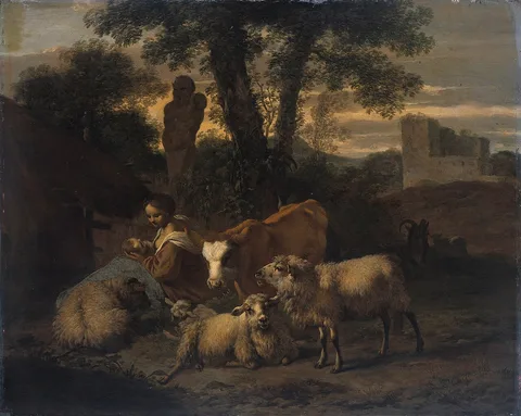 Simon van der Does, Italian landscape with sheperdess and flocks