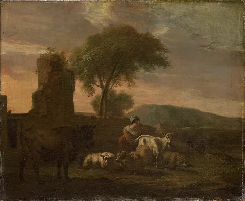 Simon van der Does, Italian landscape with sheperdess and flocks