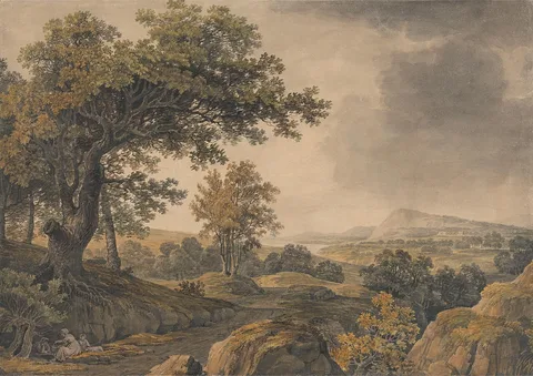 James Baynes, Extensive wooded landscape with figures in foreground left