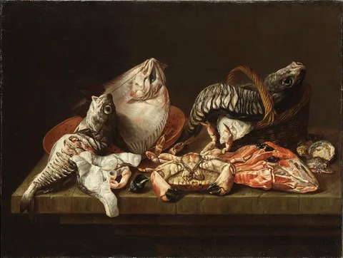Isaac van Duynen, Still Life with Fishes, a Crab and Oysters