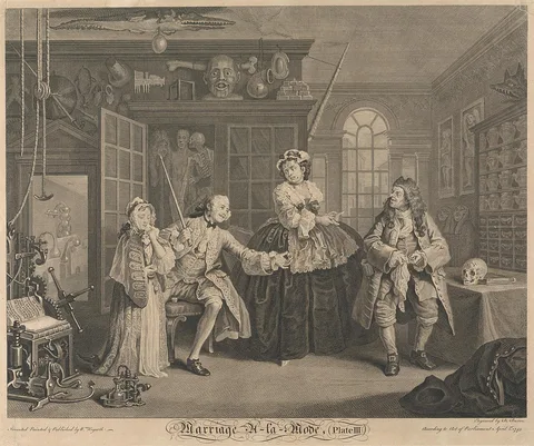 Bernard Baron, Marriage A-La-Mode, Plate III: The Scene with the Quack