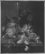 Catharina Treu, Still life with a 'roemer' and a flute glass on a stone ledge
