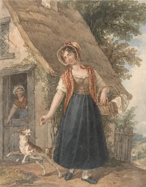 John Augustus Atkinson, Young Woman with Dog Outside a Cottage Doorway
