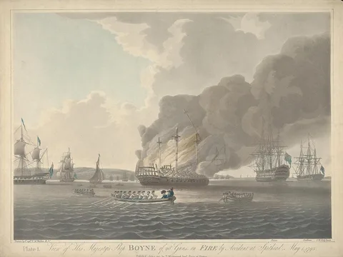 John William Edy, View of His Majesty's Ship Boyne of 98 Guns, on Fire by Accident at Spithead, May 1, 1795