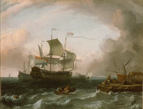 Jan Claesz Rietschoof, Dutch Men-of-War off a Jetty