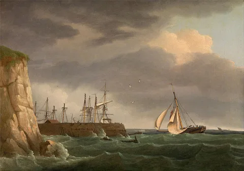Thomas Whitcombe, A Ship Running into Harbour with Other Craft at a Jetty