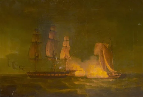 Thomas Whitcombe, 'Hibernia' beating off the privateer 'Comet', 10 January 1814: on quarter