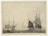 Adam Silo, Zeegezicht met twee driemasters met gestreken zeilen