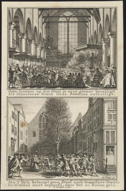 Simon Fokke, Views of disturbance during a church service and popular uprising BWB 10