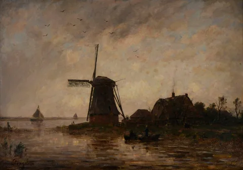 Alphonse Stengelin, Riverlandscape with windmill in stormy weather