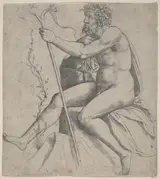 Giovanni Antonio da Brescia, Man Seated Holding a Forked Staff