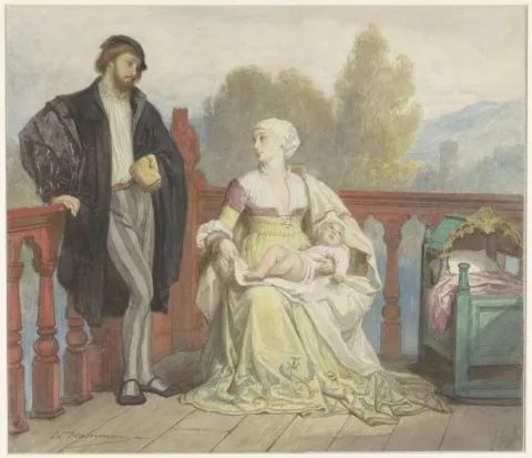Edouard Hamman, Francesca di Rimini en Paolo di Polenta met kind op een balkon